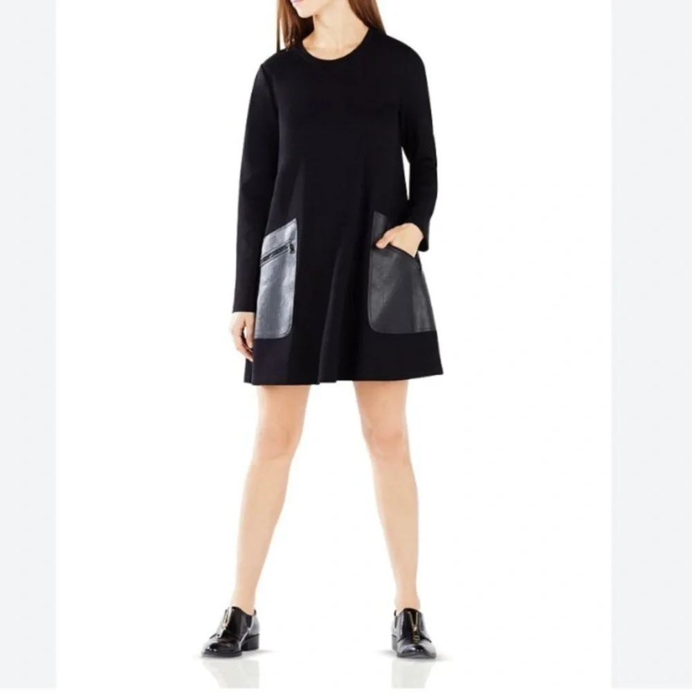 BCBGMaxAzria Long Sleeve Faux Leather Pocket Farah Shift Dress womens XS - Picture 1 of 9